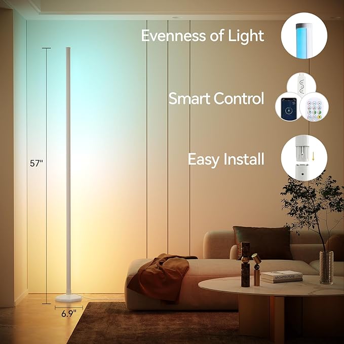 SUNMORY RGB LED Floor Lamp, 57" Corner Lamp with 80+ Scene & Timer, Smart Modern Ambient Lighting with Music Sync & 16 Million Colors, Remote & App Floor Lamps for Living Room, Bedroom, Gaming Room