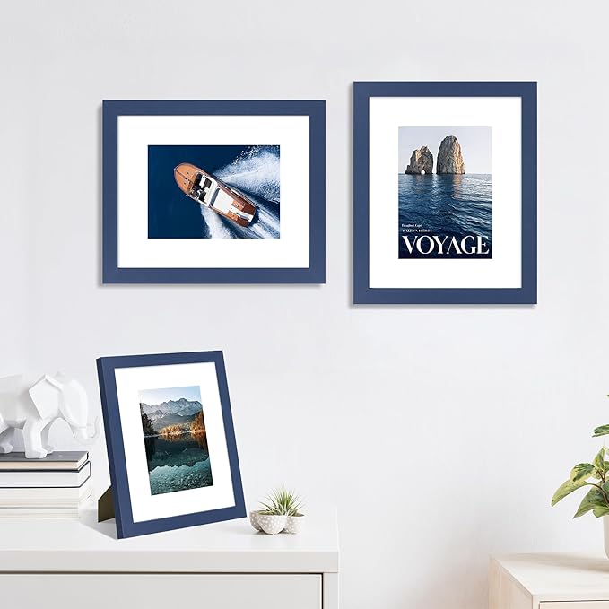 8x10 Picture Frame Set of 4, High Definition Real Glass, Display Pictures 5x7 with Mat or 8x10 Without Mat, Gallery Wall Hanging or Tabletop Photo Frames, Blue