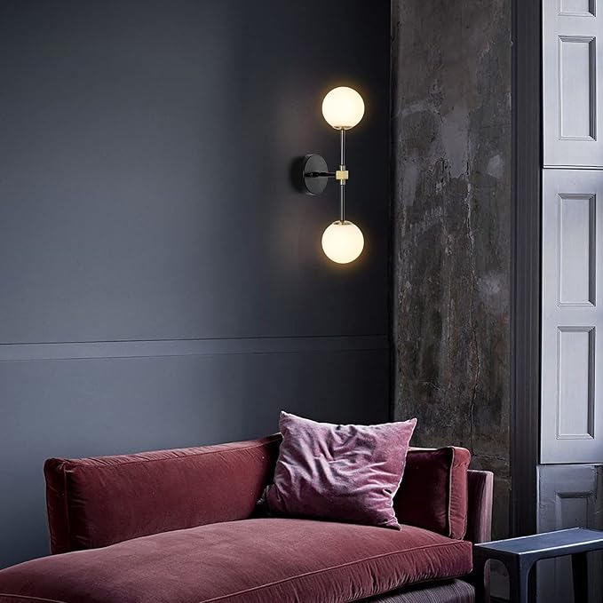 Modern Wall Sconce 2-Lights Industrial Mid Century Bathroom Vanity Wall Light with White Globe Glass Shade Gold & Black Finished Lighting Fixture