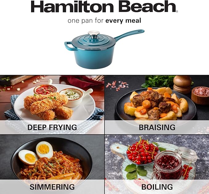 Hamilton Beach Enameled Cast Iron Sauce Pan 2-Quart Navy, Cream Enamel coating, Pot For Stove top and Oven Cooking, Even Heat Distribution, Safe Up to 400 Degrees, Durable