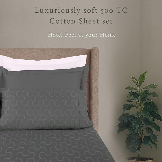 Threadmill 500 Thread Count Twin-XL Size 3 Pc Luxury Cotton Bed Sheet Set, Jacquard Floria Dark Grey, Breathable Sheets with 15" Elasticized Deep Pocket, 1 Pillowcase & Free Tote Bag