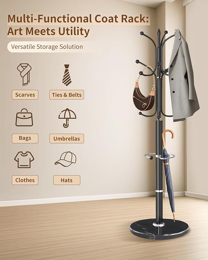 EZIVIEZ Modern Coat Rack Stand, Metal Freestanding Coat Rack with Natural Marble Base, Heavy-Duty Coat Racks with Umbrella Holder,Black Coat Hanger Stand with 12 Hooks for Office, Entryway, Hallway