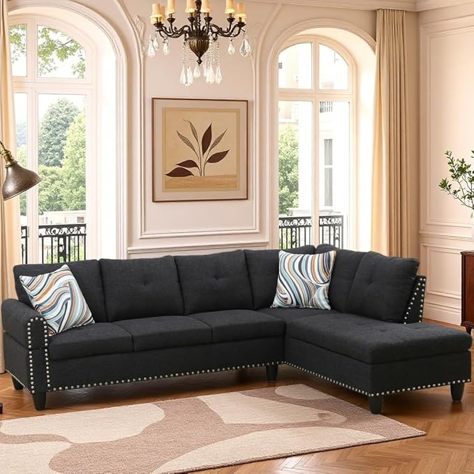 L Shaped Couch, Modular Sectional Sofa with Chaise, Modern Modular Sofas Furniture Sofa Couches for Living Room/Apartment/Office/Bedroom, Black Grey