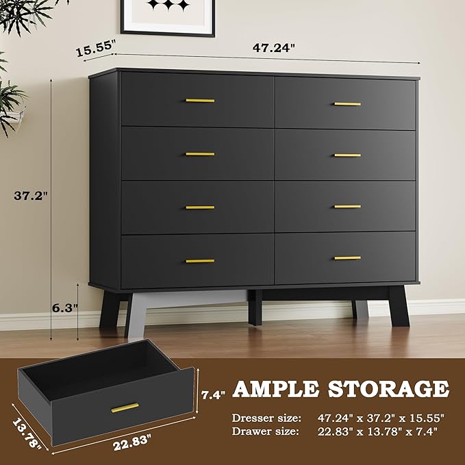 Dresser for Bedroom with 8-Drawer, 37" Tall Modern Chest of Drawers with Metal Handles, X-Shape Base & Adjustable Center Leg, Anti-Tip Closet Organizers and Storage