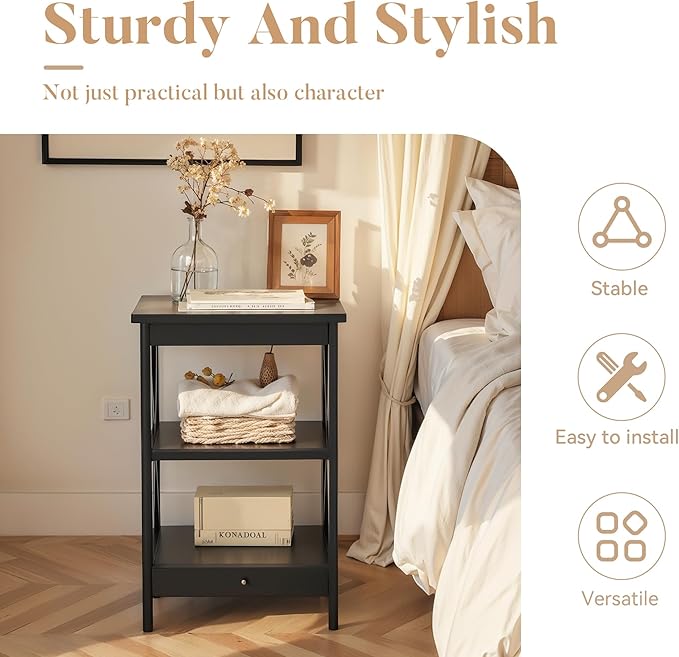 ALPHA HOME Side Tables Farmhouse End Table Set of 2, Small Bedside Tables 3-Tier Storage Shelf for Small Spaces, Couch End Tables, End Table for Living Room, Bed Room, Black
