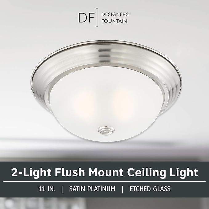 DESIGNERS FOUNTAIN Reedley 2-Lights Flush Mount Ceiling Light, 11 Inch Lighting Fixture for Kitchen, Bedroom, Bathroom, and Hallway, Satin Platinum with Etched Glass, 1257S-SP-W