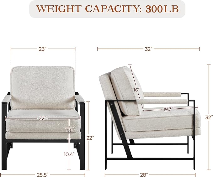 Yaheetech Teddy Boucle Fabric Armchair, Retro Leisure Accent Chair with Extra Soft Padded and Cushion, Modern Reading Arm Chair with Black Metal Frame for Living Room/Office/Bedroom/Study, Ivory