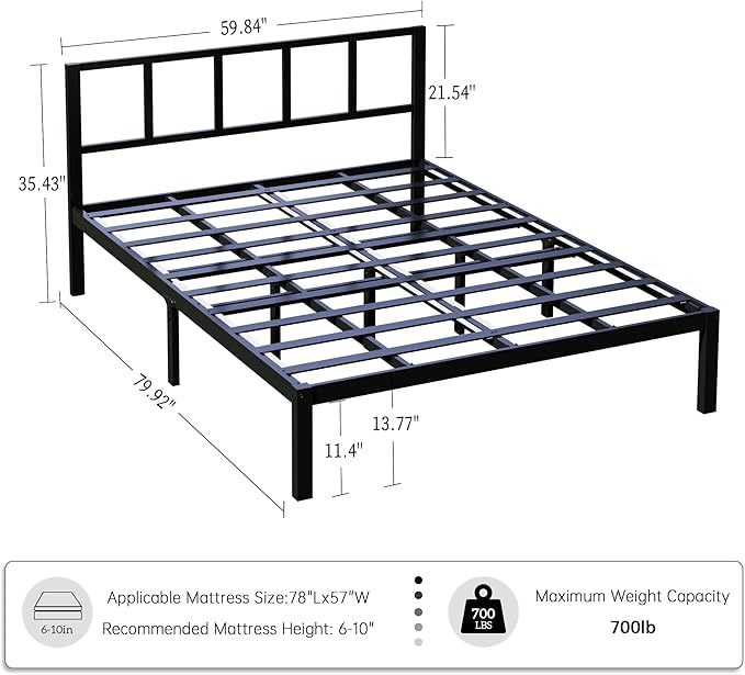 14 Inch Bamboo Bed Frame – Solid Wood Platform Bed Frame, Strong and Stable, with Non-Slip Slats for Support, No Box Spring Needed, Easy to Assemble, Noise-Free (Black with Headboard, Queen)