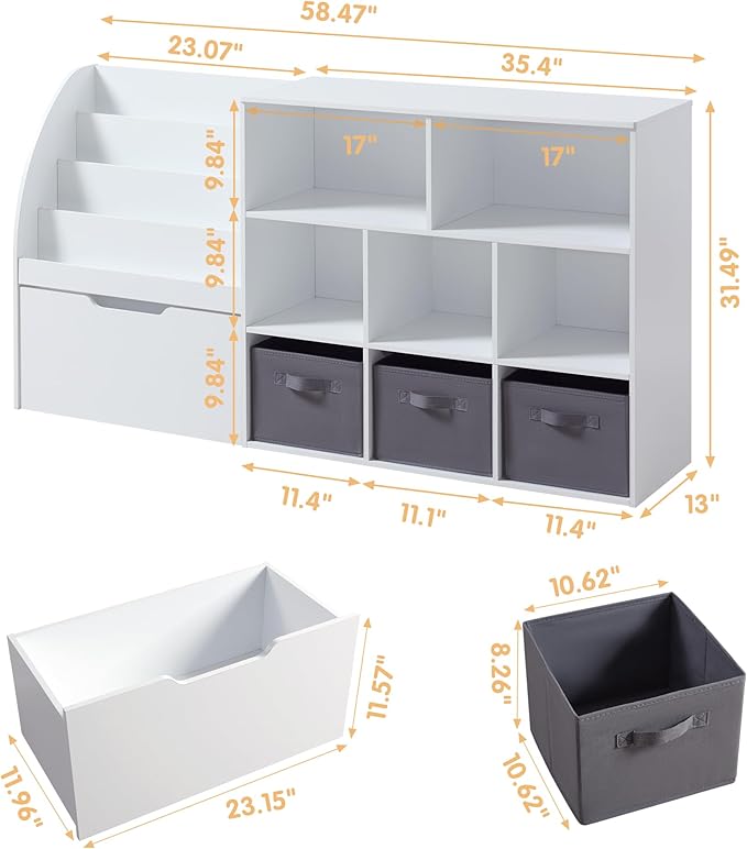 Kids Bookshelf and Toy Storage, 2 Pack 58.5’’ Toy Organizer with Movable Chests & 3 Storage Bins, Large Kids Reading Nook with 5 Cubbies for Playroom, Bedroom, Nursery, White