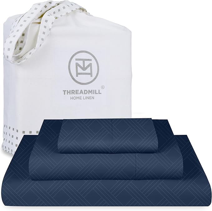 Threadmill Twin Sheets for Twin Mattress | 800 Thread Count Jacquard Folkstone Blue Sheets | 100% Cotton 3 Piece Bed Sheets | Extra Long Staple Cotton | Cotton Sheet with Elasticized Deep Pocket