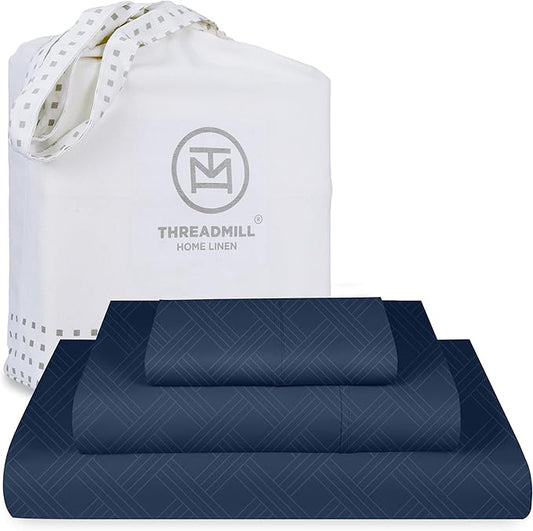 Threadmill Twin Sheets for Twin Mattress | 800 Thread Count Jacquard Folkstone Blue Sheets | 100% Cotton 3 Piece Bed Sheets | Extra Long Staple Cotton | Cotton Sheet with Elasticized Deep Pocket