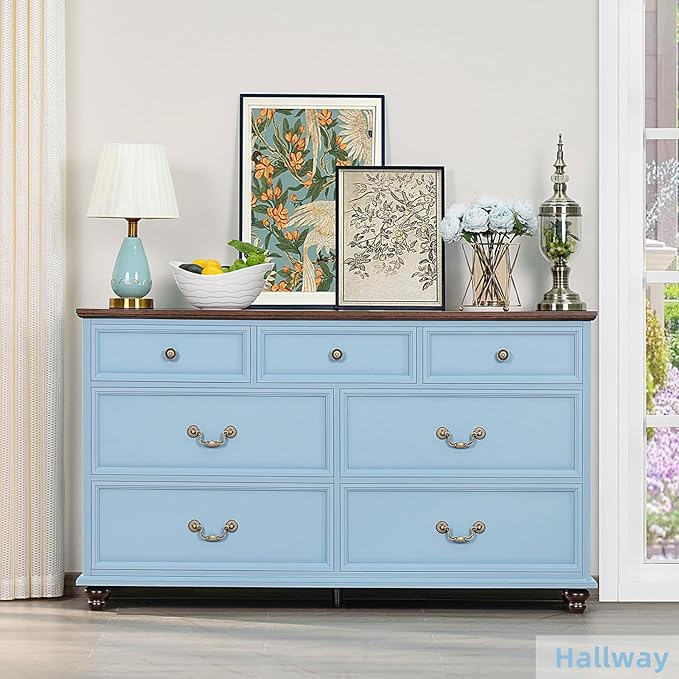 Farmhouse 54" 7 Drawers Dresser for Bedroom, Wide Wood Chest of Drawers w/ 4 Wooden Legs, Vintage Large Storage Dressers Organizer for Hallway, Rustic TV Stand for Living Room, Light Blue
