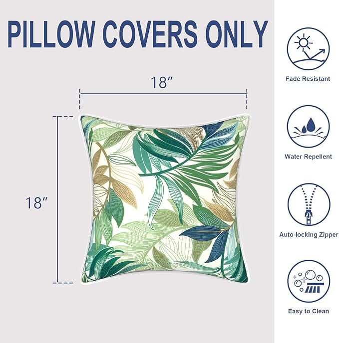 Outdoor Throw Pillow Covers Pack of 2, Decorative Water Repellent Square Pillow Cases 18x18 Inch, Patio Pillowcases for Home Patio Furniture Use, Lush Leaf Green
