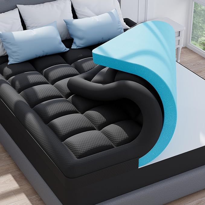 ELEMUSE Dual Layer 3 Inch Memory Foam Mattress Topper Queen Size, 2 Inch Cooling Gel Memory Foam Plus 1 Inch Down Alternative Pillowtop Mattress Pad with Cooling Cover, Soft Comfort Support,Black