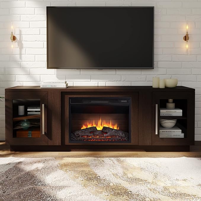 Cheerway 3D Fireplace TV Stand for TVs up to 80’’, Wooden Media Entertainment Center Table & TV Cabinets w/Storage Shelves & Barn Door, Electric Fireplace w/Remote Control