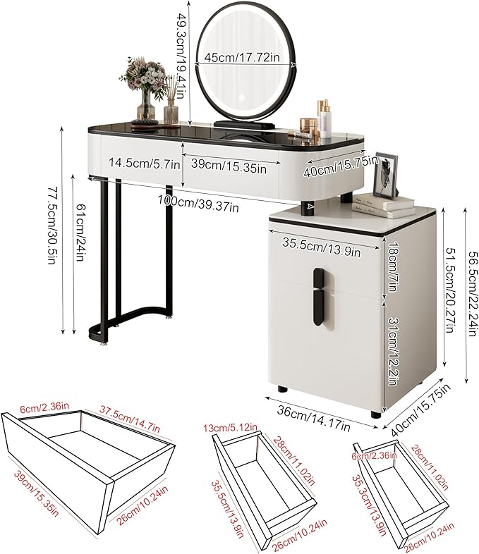 Small Vanity Desk with Mirror and Lights| Modern Makeup Vanity Table with Adjustable Nightstand and 4 Storage Drawers| Black and White Dressing Table for Bedroom Space