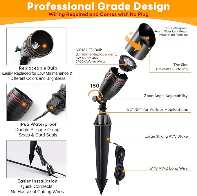 Low Voltage Spot Lights - Black Solid Brass Landscape Spotlight Wired, 12V Outdoor LED Bullet Uplights, Waterproof Electric for Patio Wall with 2700K Warm White MR16 Bulb (6 Pack)