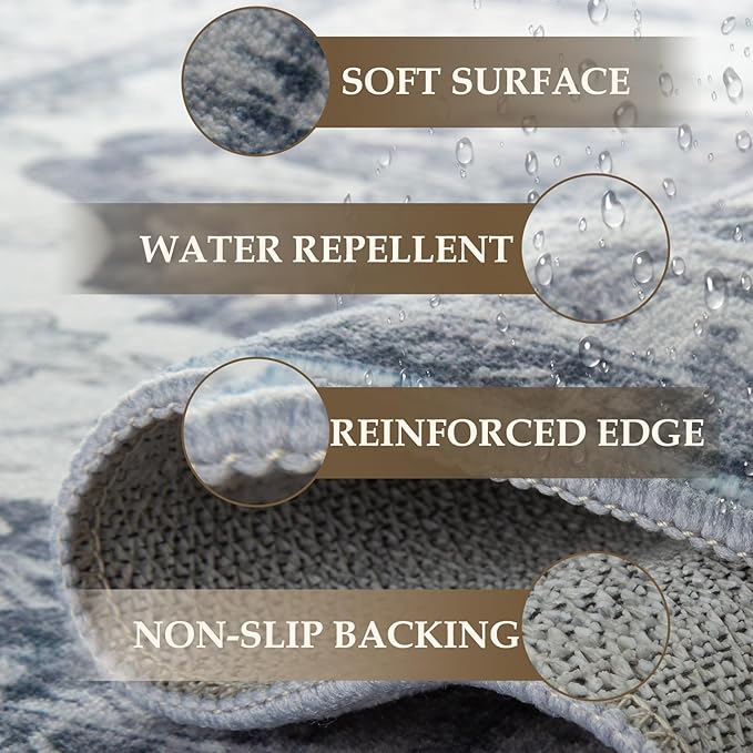 Area Rugs 4ft Washable Non-Slip, Floral Vintage Distress Print Pattern Medallion Carpet for Living Room Bedroom Dining Room, Light Gray Grey White