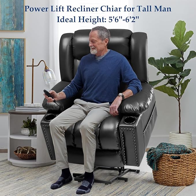 Large Power Lift Chair Recliner for Elderly with Heated and Massage, Overstuffed Adjustable Lift Chair, 3 Position, Breathable Leather, USB-A&USB-C, Cup Holder (Tall Man-7523, Black)