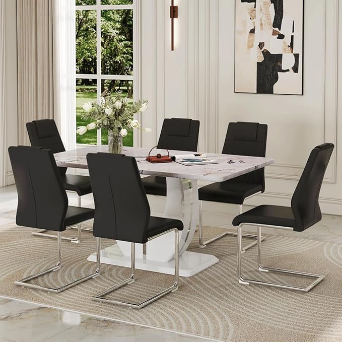 Dining Table Set for 6, Kitchen Table Chairs Set of 6, Modern Dining Room Set 63'' Faux Marble Dinner Table PU Leather Upholstered Chairs for Kitchen
