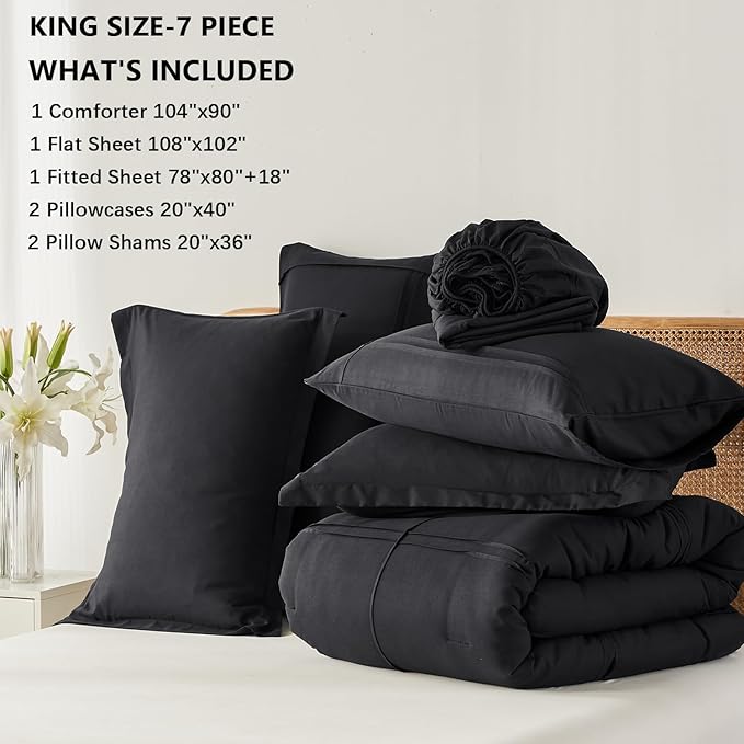 Yogeneg King Size Comforter Set 7 Piece Bed in a Bag,Grid Pinch Pleat Black Bedding Set,Striped Textured Soft Microfiber Comforter with Sheet Set,All Season Complete Bed Set(Black,King)