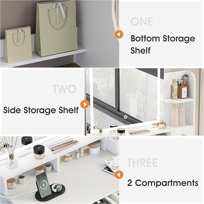 Whalefall Vanity Desk with Mirror and Lights, 31'' Wide Makeup Table with Power Outlets and Chair, 3 Lighting Modes & Adjustable Brightness, Storage Drawer & Open Shelves, for Women Girls Bedroom