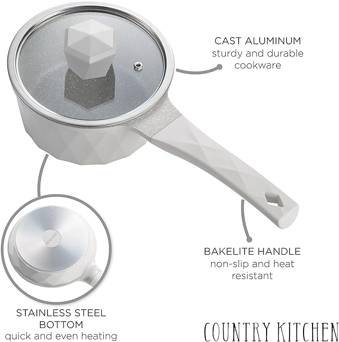 Country Kitchen Non-Stick Cast Aluminum Cookware Set - Durable Kitchen Cookware for Everyday Cooking, Cream Diamond, 11 Pc.