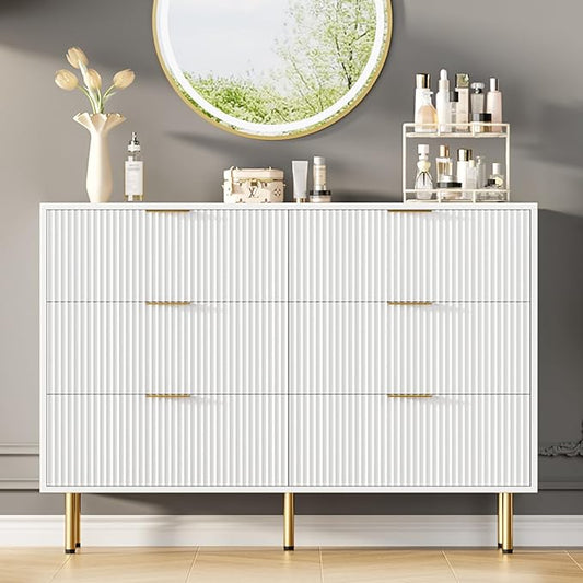 GarveeHome Fluted Wood 6 Drawers Dresser for Bedroom, Large Modern Chest of Drawers, White Dresser with Gold Handle, Wood Drawer Organizer for Bedroom, Living Room, Hallway, Entryway