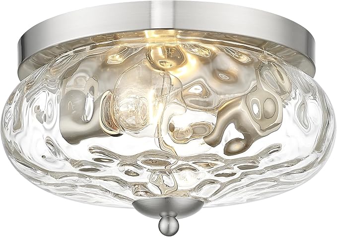 Darkaway Ceiling Light Fixtures Flush Mount Indoor Outdoor Ceiling Light with Water Ripple Glass Shade for Hallway Kitchen Bedroom Porch Living Room Nickel Finish