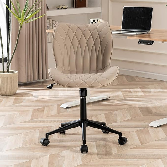 YOUNUOKE Armless Desk Chair Comfy Office Chair with Wheels Home Ergonomic Task Chair Adjustable Computer Chairs Modern Faux Leather Swivel Chair Upholstered Makeup Vanity Chair with Back(Khaki)