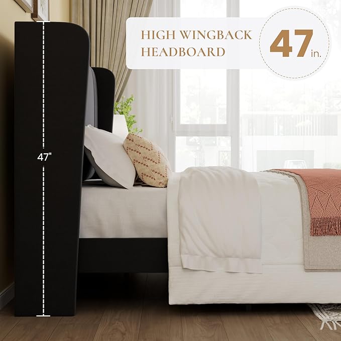 SHA CERLIN Queen Size Velvet Upholstered Platform Bed Frame with Vertical Channel Tufted Wingback Headboard, Wooden Slats Support, Easy Assembly, Under Bed Storage, No Box Spring Required, Black