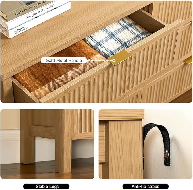 Fluted 6 Drawers Dresser for Bedroom, 55 Inch Wide Modern Wood Chest of Drawers, Mid Century Chests Drawer Clothing Organizer for Hallway (Natural Oak)