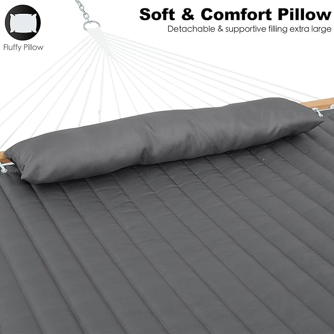 2 Person Hammocks for Outside, Double Quilted Fabric Outdoor Hammock with Spreader Bar, Large Removable Pillow, Storage Pockets, Carabiners, Max 475 lbs Capacity (Dark Grey)