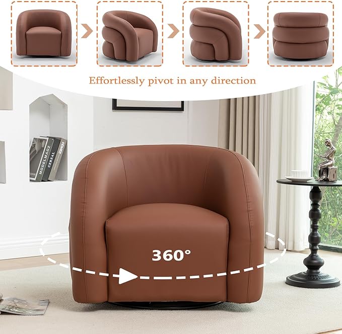 34.6" W Swivel Accent Chair, Modern Round Faux Leather Armchair for Living Room,Upholstered Comfy Sofa Chairs for Bedroom Reading Apartment Lounge,Fully Assembled(Brown)