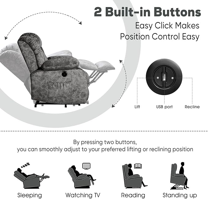 Power Lift Recliner Chair for Elderly with Heated and Massage, Adjustable Lift Chair Recliner, USB Port, Side Pocket, Plush Fabric, Grey