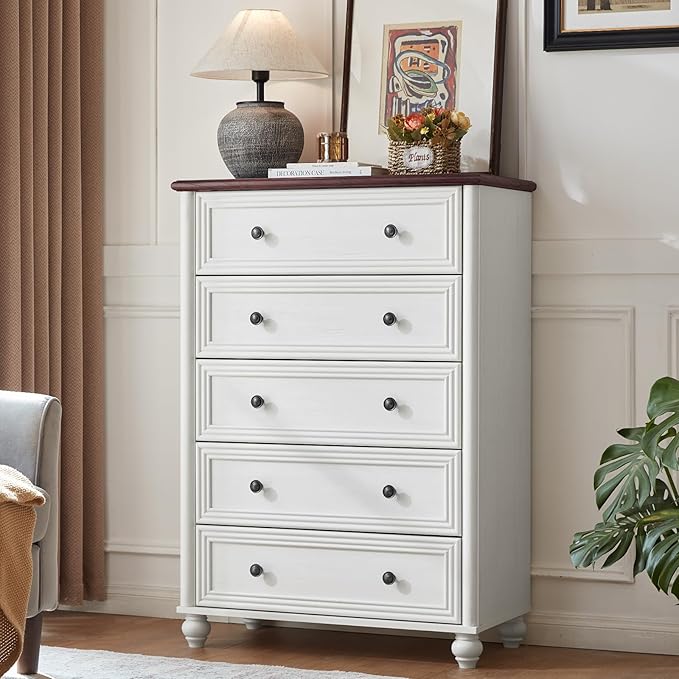 Farmhouse Dresser for Bedroom Set of 2, 5 Drawers Wood 45" Tall Chest of Drawers, Dresser Rustic Storage Dressers Organizer with Metal Handle Closet for Living Room, Hallway Entryway