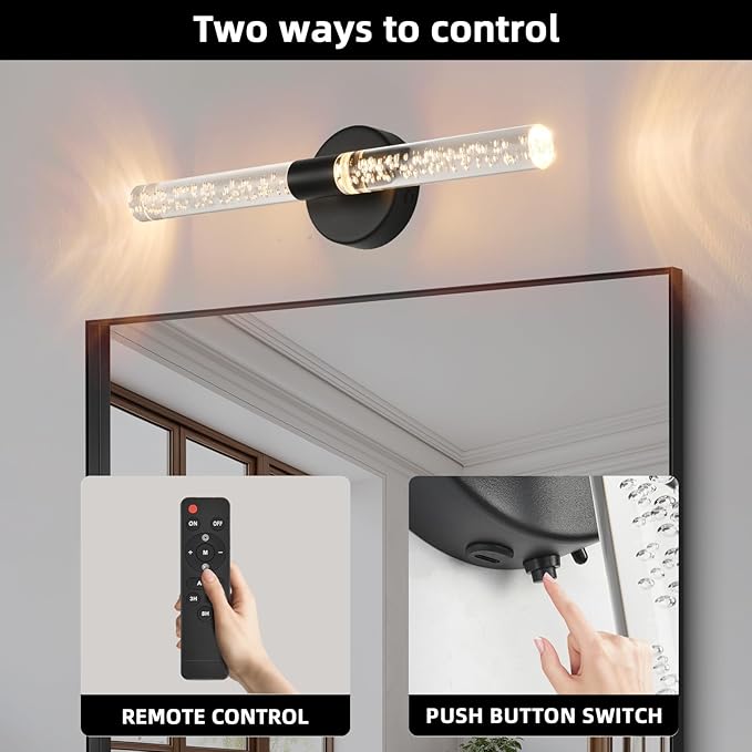 Battery Operated Wall Sconces Set of 2, Black 20'' Rechargeable Crystal Bubble Wall Sconce with Remote Control, 3000K-6000K Dimmable LED Wireless Wall Lights for Living Room Bedroom Bathroom Hallway