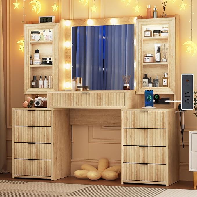 55" Fluted Makeup Vanity Desk with Large Mirror and Lights, Modern Glass Top Big Vanity Table with 9 Drawers & Open Storage Shelves, Dressing Table w/Charging Station for Bedroom, Oak