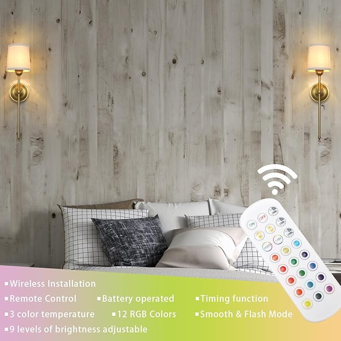 Battery Operated Sconces Wall Lighting Fixture Set of 2 with Linen Fabric Shade, RGB Color Changing USB Rechargeable Wall Mounted Lamp for Living Room Bedside Nightstand Light