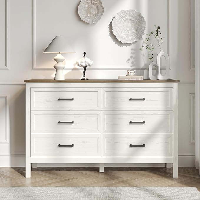 Farmhouse 6 Drawers Dresser for Bedroom, Modern Dresser with Metal Handle, Natural Texture, Wood Rustic Chest of Drawers for Bedroom, Living Room, Hallway and Entryway, Antique White