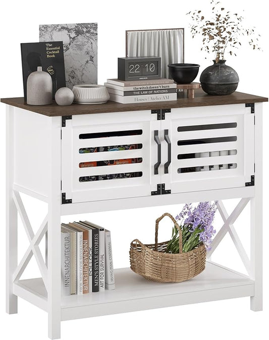 ChooChoo Farmhouse Console Table with Charging Station, 35.4 L x 17.7 D x 31.49 H Coffee Bar Cabinet with Storage, Sideboard Buffet Cabinet with Doors for Kitchen, Living Room, White