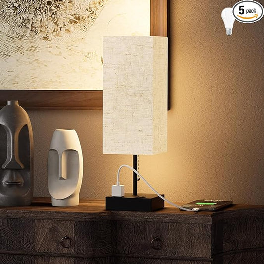 Table Lamp for Bedroom with USB,Bedside Lamp with USB C+A Charging Ports,Adjustable 3color LED Light for Home Decor/Nightstand/Office,Included Bulb and Fabric Lamp Shade (Linen White, 1PCS)