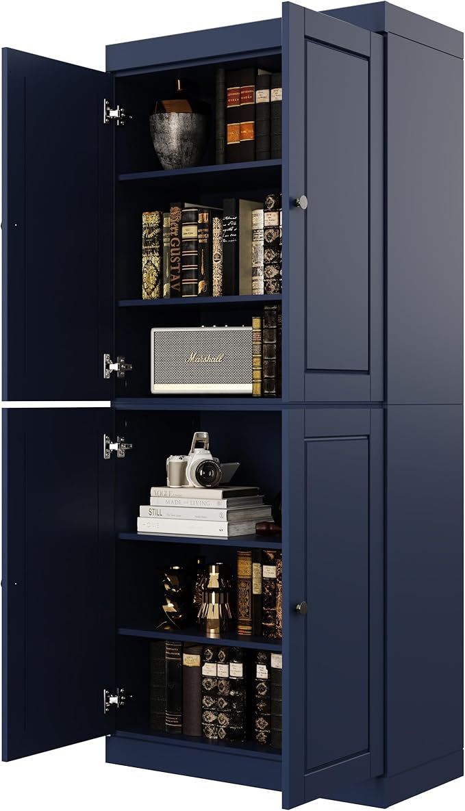 Palace Imports Solid Wood Bookcase - 6-Shelf Tall Bookshelf, 71.5” H x 32” W - Navy Blue, Wooden Cabinet Doors, Adjustable Shelves, 100% Renewable Eco-Friendly Wood, Made in Brazil