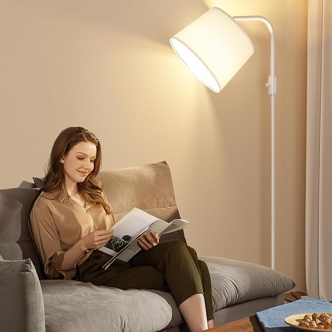 Ambimall Fully Dimmable Floor Lamp - Floor Lamps 9W LED Light Bulbs, Standing Lamps for Living Room with Adjust Head, Modern Standing Light Rotary Switch, Tall Lamp for Bedroom(White and White)