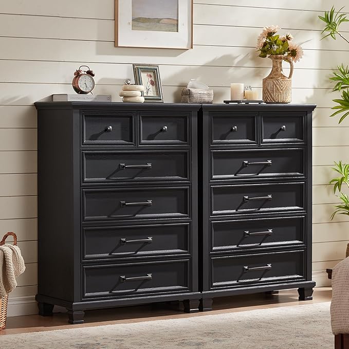 Farmhouse 6 Drawer Dresser for Bedroom, 45 Inch Tall Vintage Wood Chest of Drawers, Rustic Dressers w/Square Wooden Legs, Mid-Century Storage Organizer for Living Room, Hallway, Black