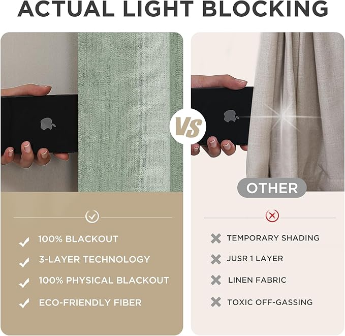 Joydeco 100% Blackout Curtains for Bedroom - Natural Linen Curtains 52" W x 108" L Long, Thermal Insulated 2 Panels Light Blocking Drapes, Rod Pocket & Back Tabs, Darkening Privacy for Living Room