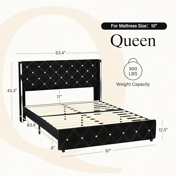 HOMBCK Queen Bed Frame with Headboard, Velvet Upholstered Bed with Wingback and Diamond Tufted Design, Wood Slat Support, No Box Spring Needed, Black