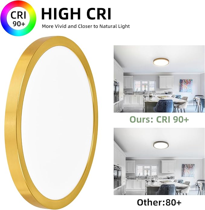 hykolity 12 Inch Selectable CCT LED Round Flat Panel Light, 24W 3000K/4000K/5000K, Edge-Lit Flush Mount Ceiling Light Fixture for Kitchen, Bedroom, Laundry and Closet Room，Gold