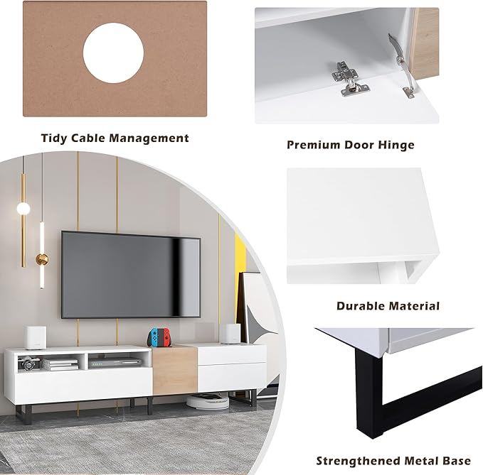 Merax Modern TV Entertainment Center with Cabinets, Drawers & Open Shelves, Wood TV Stand for TVs Up to 80” for Living Room Bedroom (White & Natural)