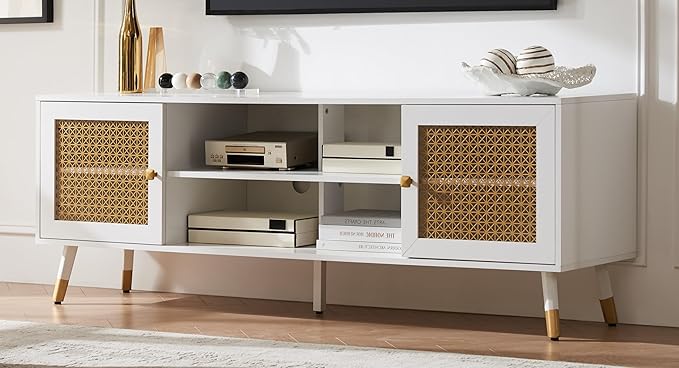 Mid Century Modern TV Stand for Living Room, TV Consoles for TVs Up to 75" - White Entertainment Center, 2 Gold Metal Mesh Doors & MDF Wood Grain, 15.8" D x 66" W x 23.5" H